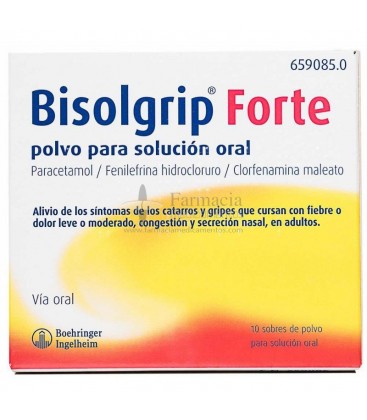 Bisolgrip Forte 10 sobres es un complejo antigripal con paracetamol, fenilefrina y clorfenamina hace que sea una formuñla muy completa, como tratamiento del resfriado común asi como catarro o gripe.