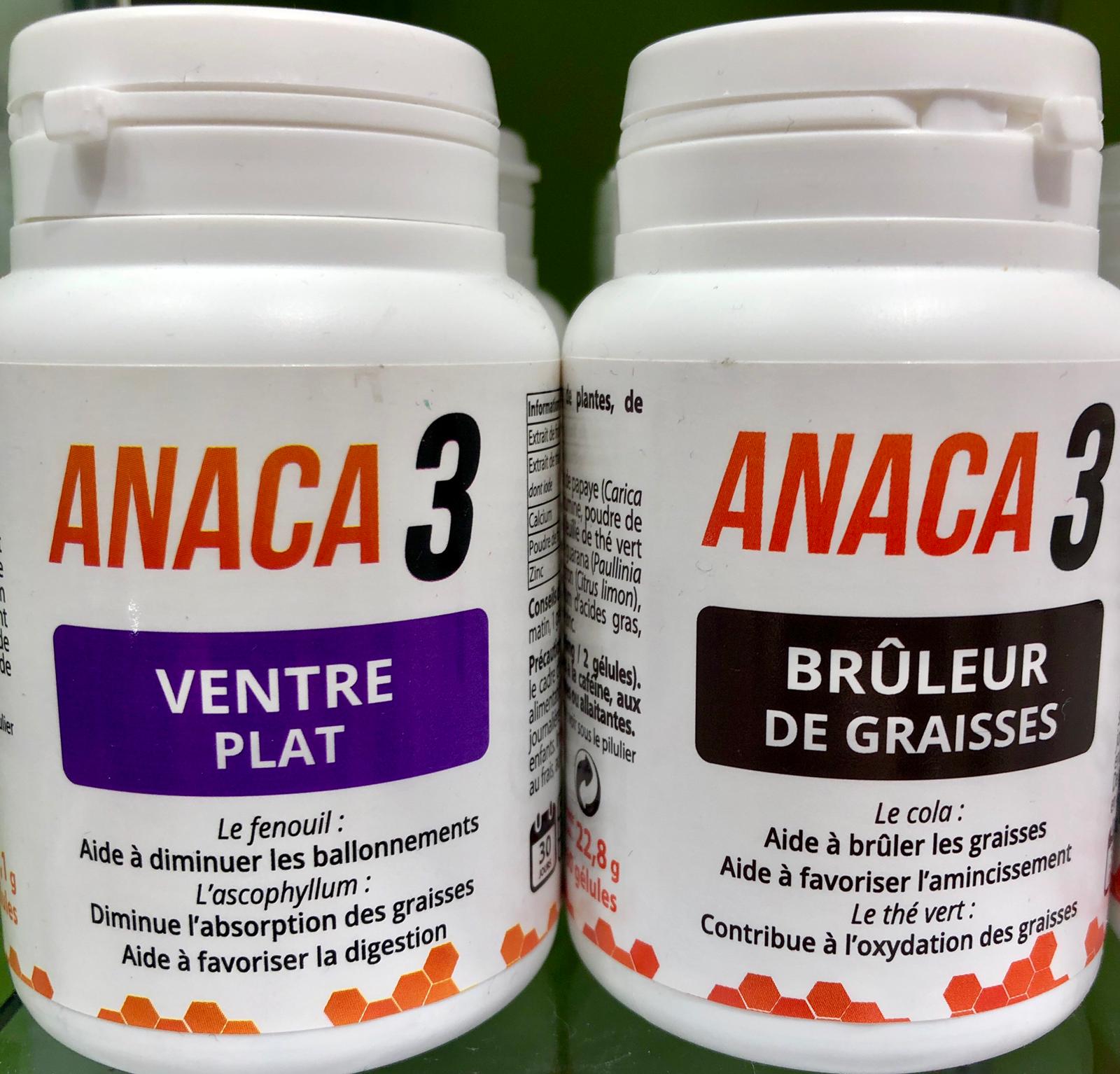 ANACA3 Quemagrasas La cola ayuda a quemar la grasa, y favorece el adelgazamiento. El té verde contribuye en la oxidación de la grasa. Complemento alimenticio Cápsulas x60 Anaca3 Quemagrasas es un complemento alimenticio a base de plantas, de crucumina y de zinc.