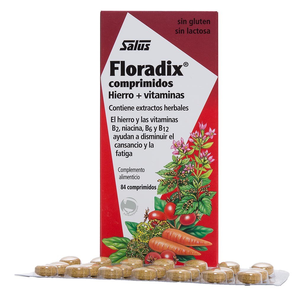 Floradix jarabe contiene hierro de gluconato ferroso, una sal de hierro bivalente de fácil absorción. La fórmula de Floradix está especialmente diseñada para optimizar la absorción del hierro, a esto contribuyen los ácidos de los jugos de frutas y la vitamina C. La vitamina B12 junto al hierro interviene en la formación de nuevas unidades de glóbulos rojos y los extractos de plantas que complementan la fórmula le aportan un efecto digestivo, lo que hace que Floradix sea el jarabe de hierro mejor tolerado.