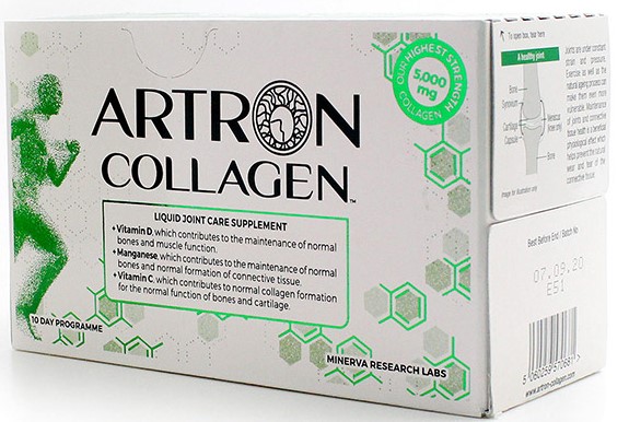 Artron Collagen Minerva Research labs suplemento formulado a base de péptidos de colágeno bioactivos, ácido hialurónico, glucosamina, extracto de pimienta negra, L-carnitina, condroitina, vitaminas y minerales para el cuidado de las articulaciones
