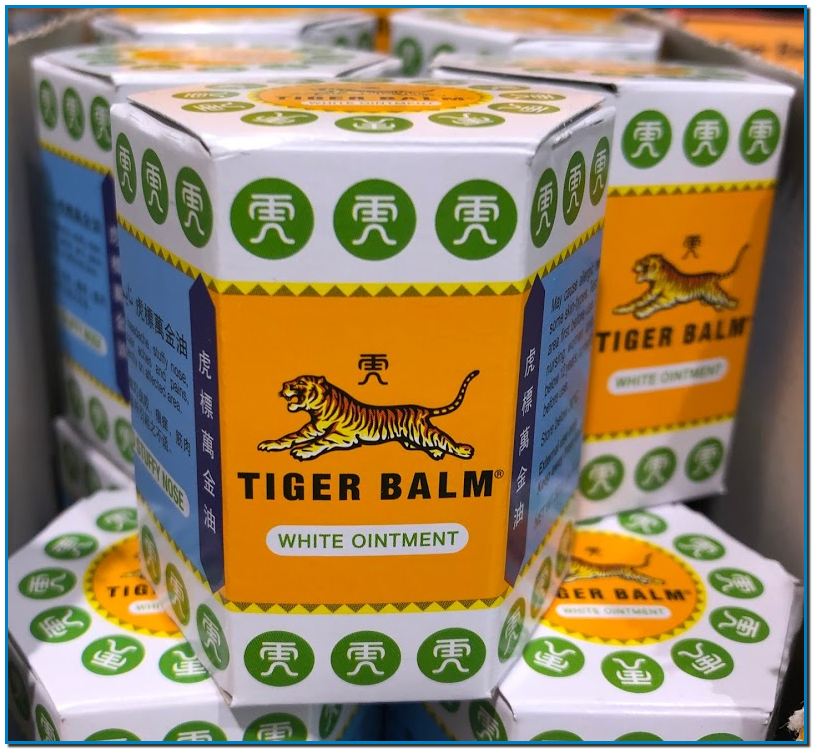 Bálsamo de Tigre (Tiger Balm) es una pomada a base de ingredientes herbales. Aunque vendido como producto para masaje, el Bálsamo de Tigre también puede ser aplicado en casos de dolores musculares y de cabeza, migrañas, tos, chichones y picaduras de mosquitos.