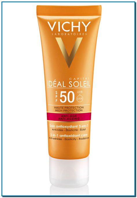 Idéal Soleil Antiedad SPF50, de Vichy Un cuidado antiedad con SPF50, con acción antioxidante 3 en 1, que ayuda a corregir las arrugas y mejora la firmeza, el tono, reduciendo además las manchas
