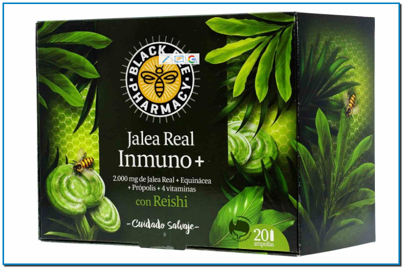 Black Bee Pharmacy Jalea Real Inmuno+ 20 Ampollas es un complemento alimenticio que combina el poder de la Jalea Real el Própolis el Reishi y 4 vitaminas con la Equinácea planta que ayuda a las defensas naturales del organismo. Defensas para tu día a día