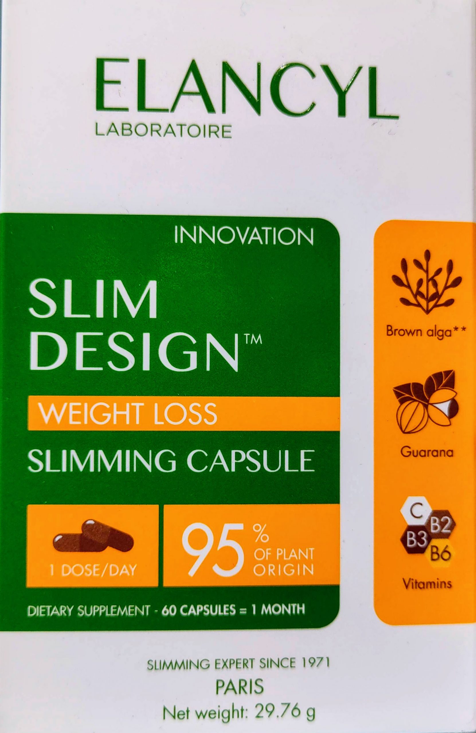 Elancyl Slim Design perdida de peso 60 capsulas Adecuado para facilitar la pérdida de peso gracias a sus activos naturales y su composición del 95% de origen vegetal . Ideal además de la crema Elancyl Slim Design.