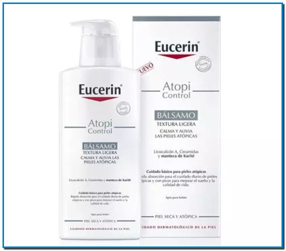 Eucerin AtopiControl Bálsamo Un bálsamo corporal de uso diario con licocalcón A, ceramidas y manteca de karité para el cuidado de la piel atópica.