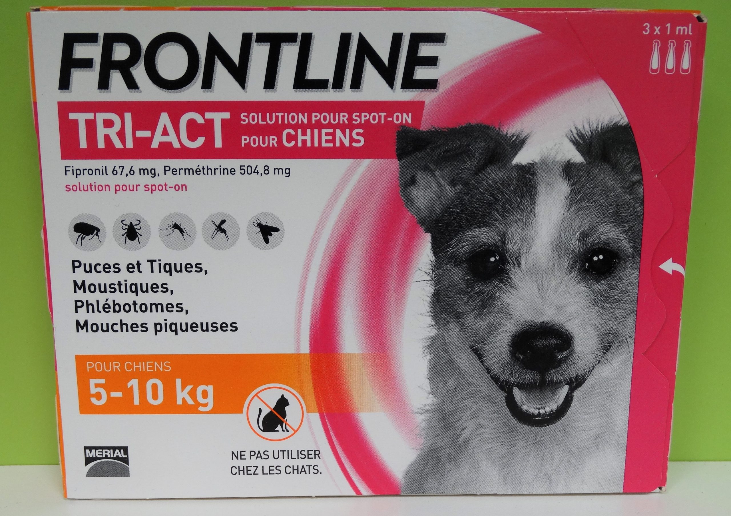 Las pipetas Frontline Tri-Act actúan de forma eficaz contra las pulgas y garrapatas, así como contra los flebotomos, mosquitos, moscas y garrapatas. 