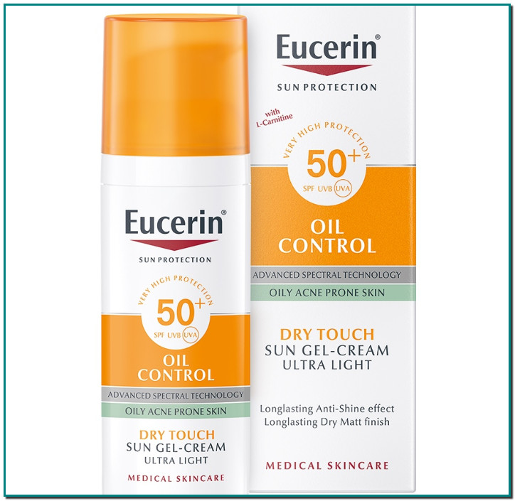 Eucerin Sun Gel Crema Oil Control Dry Touch FPS 50+ Un protector solar facial avanzado para piel grasa y propensa al acné que ofrece un efecto anti-brillos durante 8 horas.