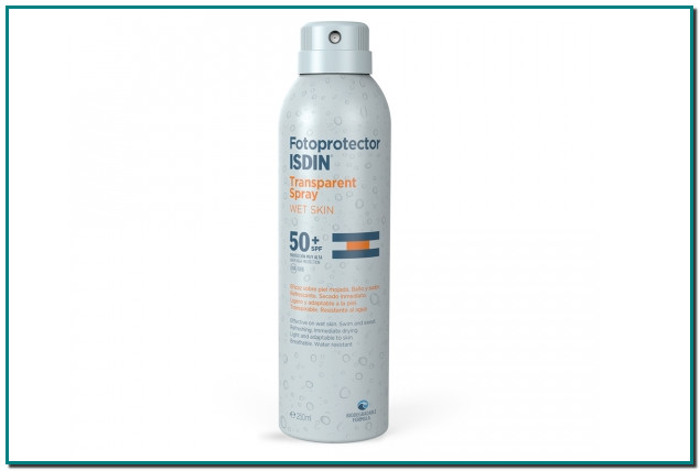 Fotoprotector ISDIN Transparent Spray WET SKIN SPF 50+ El único spray transparente que puede aplicarse incluso en piel mojada. Protección solar para piel normal, mixta y grasa. Específicamente desarrollado para su aplicación tanto en piel mojada como seca.