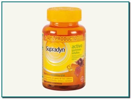 Supradyn® Activo Gummies Adultos es una deliciosa forma de tomar vitaminas, que complementa tu dieta habitual. Contiene vitaminas A, B, C y D y la coenzima Q10.
