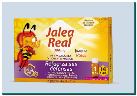Jalea Real Vitalidad y Defensas Niños viales. Juanola Jalea Real Vitalidad y Defensas es un complemento alimenticio con jalea real fresca, fructooligosacáridos, própolis, extracto de equinácea, zinc y vitamina B6.