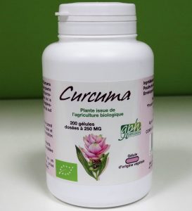 GPH Diffusion Curcuma bio 200 gélules contient de la poudre de rhizome de curcuma issu de l'agriculture biologique, présenté sous forme de gélules dosées à 250 mg