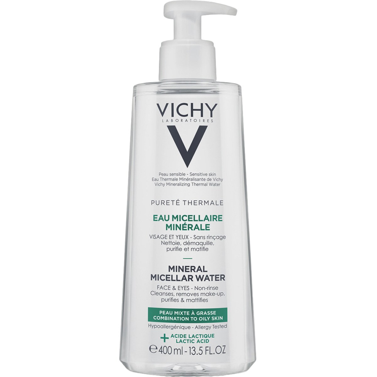 VICHY PURETE THERMALE Solución Micelar para piel grasa 400 ml. Es un desmaquillante que captura las impurezas dejando la piel limpia y sin rastro de maquillaje. Gracias a la Tecnología Micelar