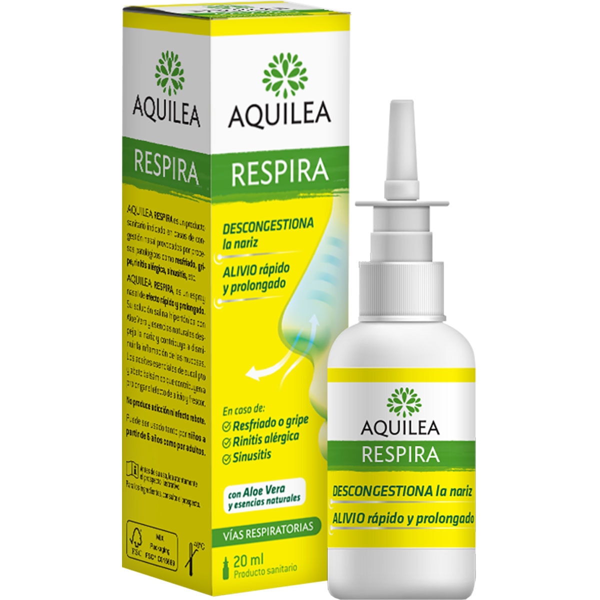 AQUILEA Respira indicado para la congestión nasal 20 ml con aloe vera. Aquilea respira es un spray que está indicado para la congestión nasal. Tiene un efecto rápido, prolongado y aporta frecura. Formulado con aloe vera y aceites esenciales. Apto para niños mayores de 6 años.