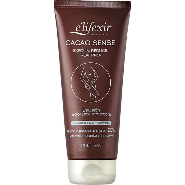 E'LIFEXIR Dermo Cacao Sense emulsión exfoliante reductora que exfolia, reduce y reafirma tubo 200 ml con extracto de cacao y café verde