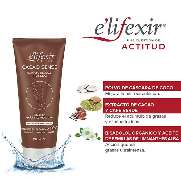 E'LIFEXIR Dermo Cacao Sense emulsión exfoliante reductora que exfolia, reduce y reafirma tubo 200 ml con extracto de cacao y café verde