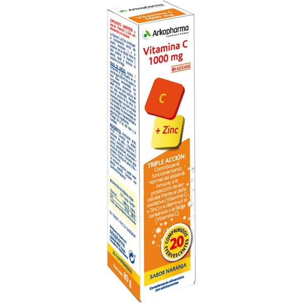 ARKOPHARMA Vitamina C 1000mg + Zinc triple acción 20 comprimidos efervescentes sin azúcares sabor naranja
