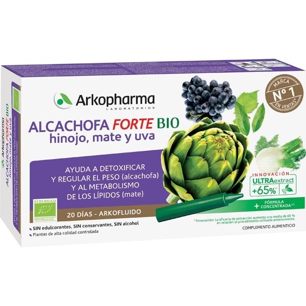 ARKOPHARMA Arkofluido alcachofa Forte Bio, hinojo, mate y uva caja 20 ampollas ayuda a detoxificar y regular el peso y el metabolismo de los lípidos