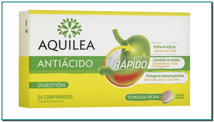AQUILEA Antiácido para el tratamiento sintomático del reflujo gastroesofágico y la hiperacidez caja 24 comprimidos tricapa sabor menta