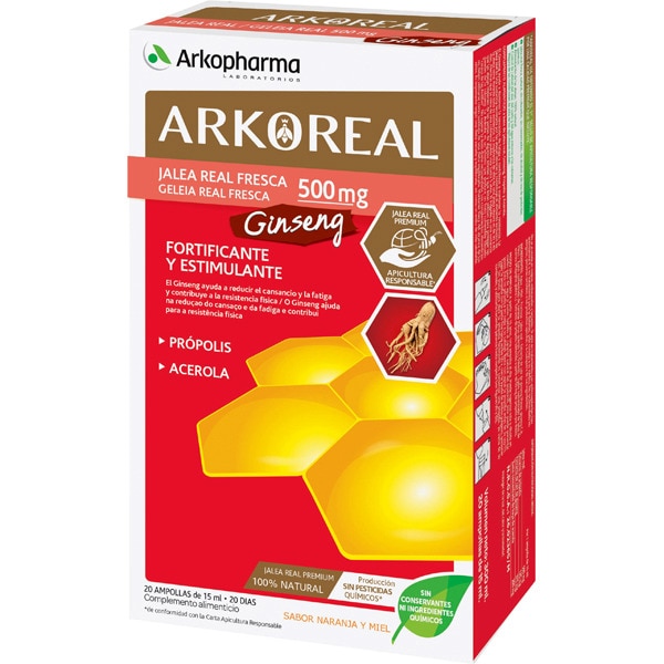 ARKOPHARMA Arkoreal Jalea Real fresca 500 mg y Ginseng fortificante y estimulante caja 20 ampollas de 15 ml sabor naranja y miel