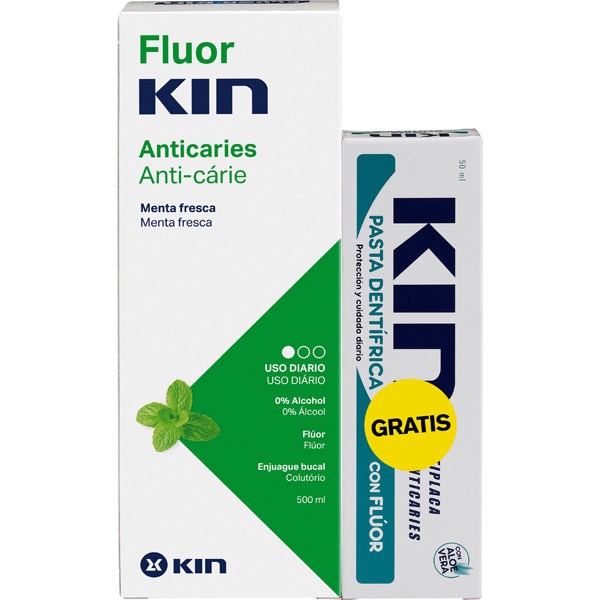 FLUOR·KIN Anticaries enjuague bucal acción anti placa aliento fresco 0% alcohol 500 ml con regalo de pasta dentífrica con flúor
