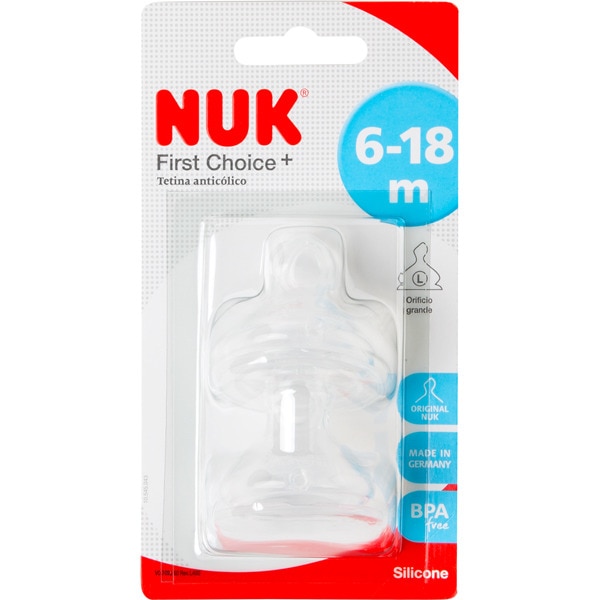 NUK Tetina anatómica de silicona con sistema anticólico compatible con los biberones NUK blister 2 unidades de boca ancha 6-18 meses orificio L