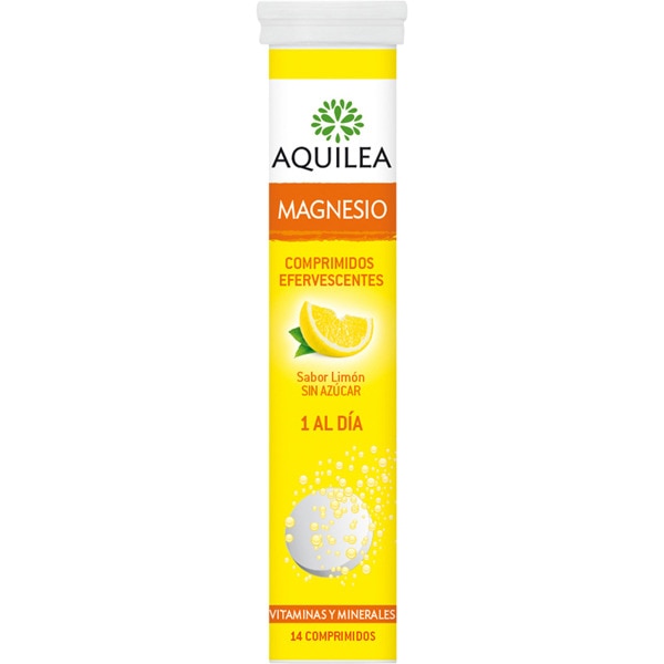 AQUILEA Magnesio efervescente sabor limón sin azúcar tubo 14 comprimidos. El magnesio es un mineral necesario para mantener el equilibrio electrolítico de nuestro cuerpo y fortalece los músculos y los huesos, a la vez que actúa ayudando a disminuir el cansancio físico, la fatiga y los efectos del estrés.