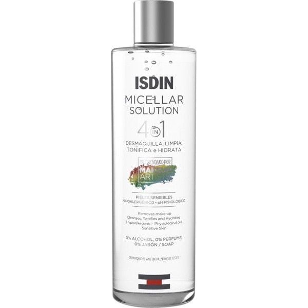 Limpieza Facial Hidratante ISDIN Micellar Solution 4 en 1 es el primer agua micelar recomendado por maquilladores profesionales.