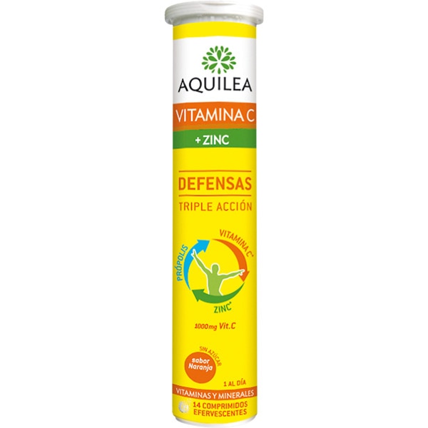 AQUILEA Defensas Triple Acción Vitamina C + Zinc sabor naranja tubo 14 comprimidos efervescentes para el funcionamiento normal del sistema inmunitario