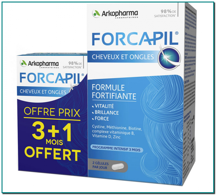 ARKOPHARMA Forcapil Cabello y uñas Fórmula fortificante Fuerza, vitalidad y brillo. Cistina, Metionina, Biotina, Complejo vitamínimo B, vitamina D, Zinc.