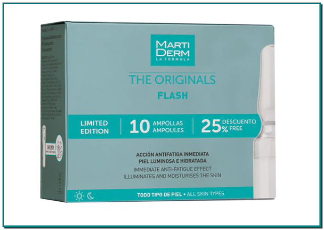 MARTIDERM 10 Ampollas Antifatiga Flash The originals Martiderm Beneficios: Fórmula antifatiga inmediata para devolver a la piel su buen aspecto, elasticidad, luminosidad y firmeza.