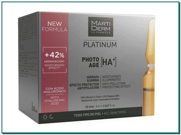 MARTIDERM 30 Ampollas Platinum Photo-Age Martiderm Photo-Age HA+ es una fórmula de fácil absorción que hidrata e ilumina la piel, suavizando la apariencia de las arrugas