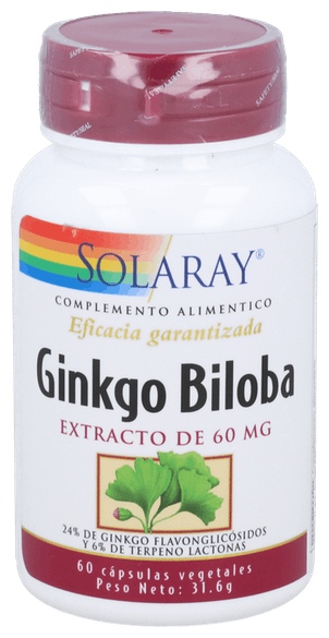 El extracto de Ginkgo biloba 60 mg de Solaray incluye todos los compuestos importantes incluyendo ginkgólidos y bilobálidos. El Ginkgo Biloba mejora la circulación cerebral
