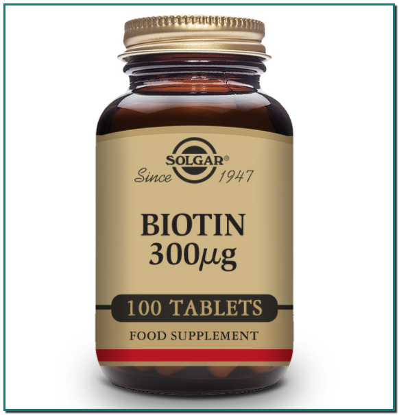 SOLGAR Biotina 300 µg - 100 Comprimidos Favorece al metabolismo normal Mantiene el cabello y la piel sanos Apto para veganos, vegetarianos, kosher y halal