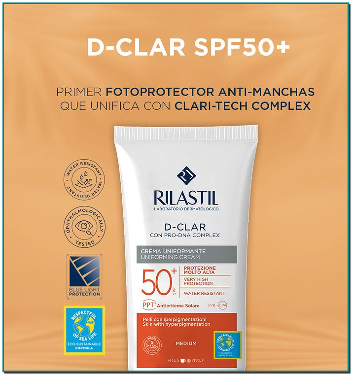 RILASTIL D-CLAR SPF50＋ es el primer fotoprotector anti manchas que unifica con Clari Tech Complex, con efecto antioxidante, elastizante, y despigmentante