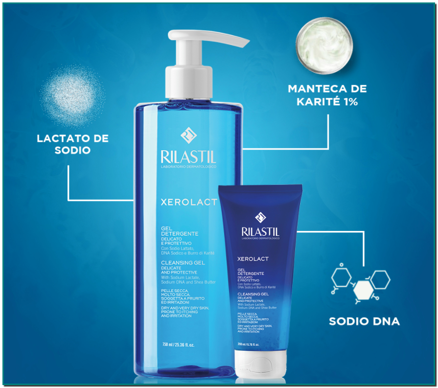 RILASTIL XEROLACT GEL LIMPIADOR, es un gel limpiador de uso diario, que limpia, hidrata y respeta tu piel desde la ducha sin jabón