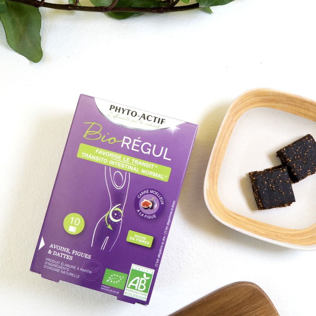 Phyto-Actif Bioregul: con fibra, y otros ingredientes ecológicos como dátiles, higos, y ruibarbo. La fibra de la avena y el ruibarbo son ingredientes recomendables para ayudar a favorecer el tránsito intestinal
