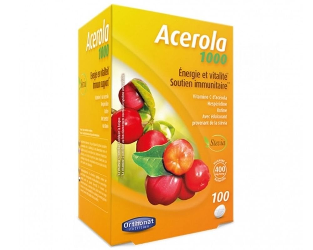 Acerola 1000 ORTHONAT (Por 1 comprimido) – Zumo Acerola deshidratado (Malpighia punicifolia L.) 1.000 mg (conteniendo 400 mg vitamina C completa).