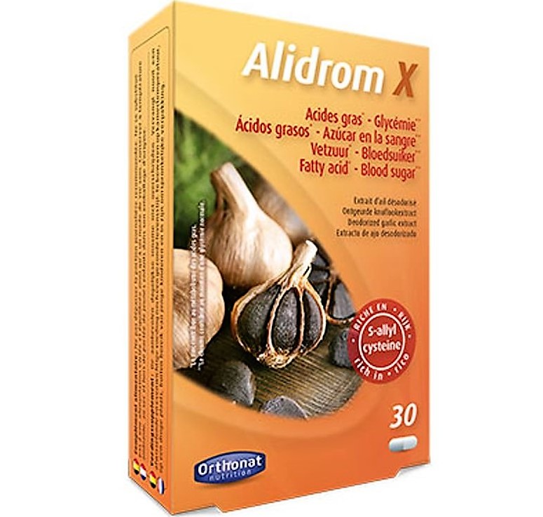 Alidrom X (por una cápsula): – 600 mg de extracto (10:1) de ajo negro de origen controlado ABG 10+, conteniendo: – 18 mg de polifenoles antioxidantes. – 600 mcg de S-Allil-Cisteina.