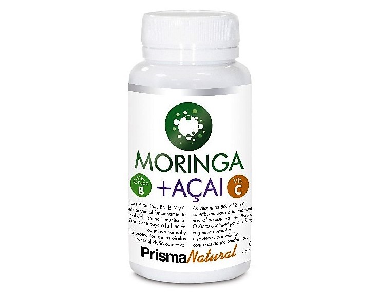 Moringa + Açai de Prisma Natural. Producto antioxidante rico en vitaminas y minerales. Entre sus múltiples funciones: estimula las defensas y desintoxica el organismo, regula el peso y la digestión, aumenta los niveles de energía, lucha frente al estrés oxidativo.