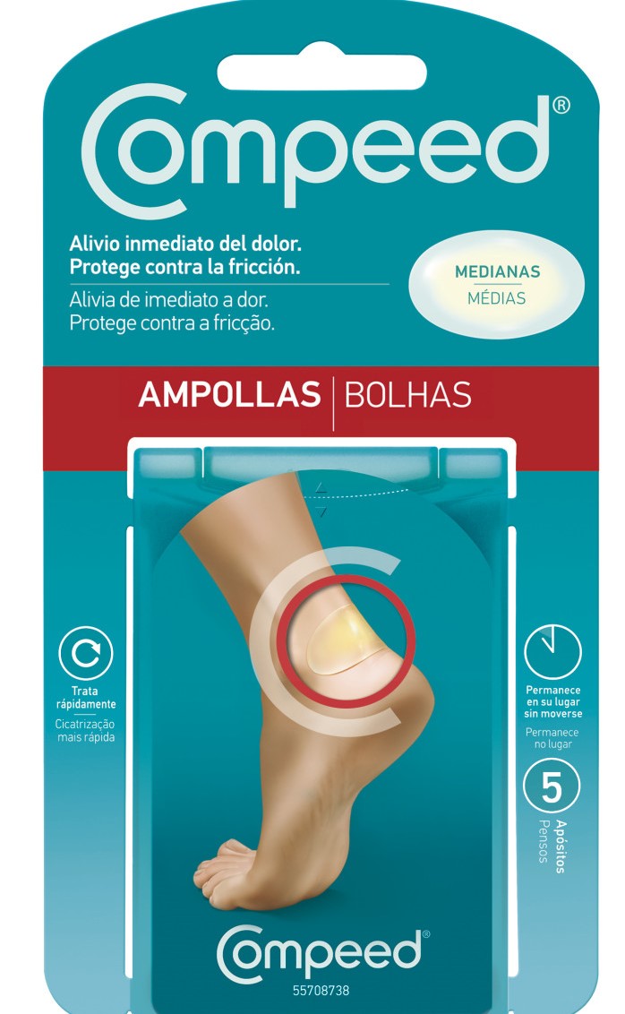 Los apósitos Compeed ® Ampollas, con su tecnología hidrocoloide actúan como una segunda piel formando un gel protector que ayuda a curar las ampollas medianas en los talones y previene su aparición