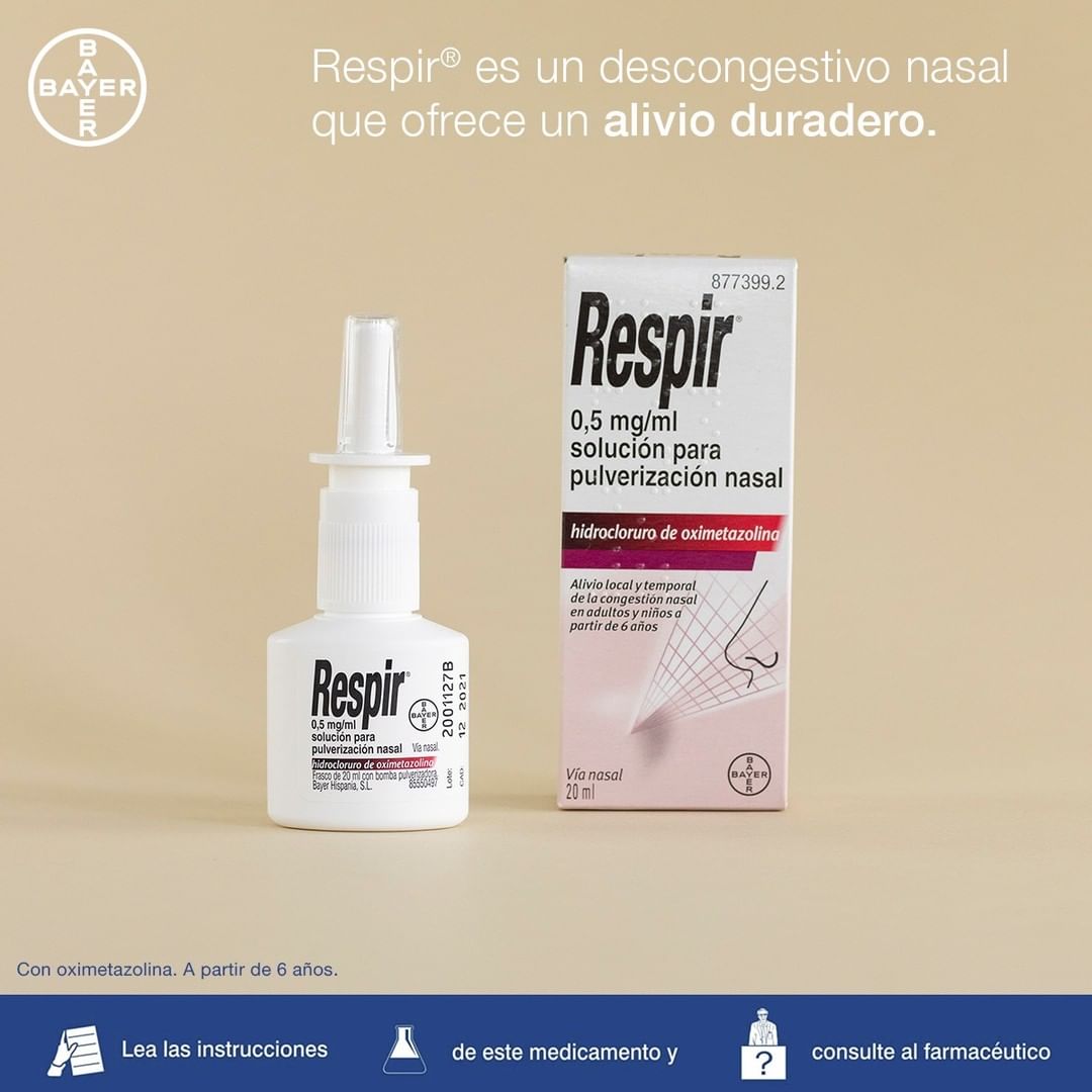 Respir® es un descongestivo nasal que actúa rápidamente proporcionando un alivio duradero de hasta 24 horas de duración con una aplicación cada 12 horas