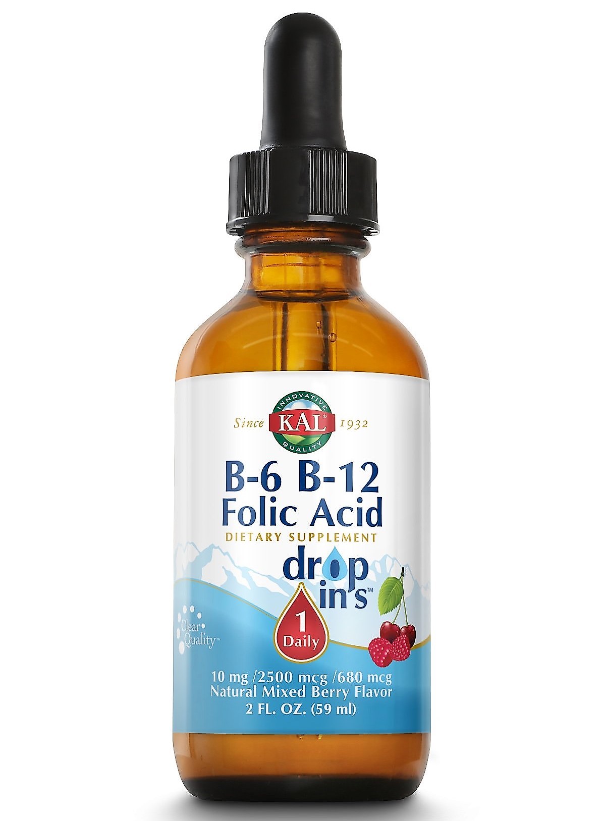 KAL B-6 B-12 Folic Acid DropIns™ Berry  Mixed Berry, 2oz un poderoso suplemento vitamínico del complejo B en gotas deliciosas y fáciles de tomar. Puede ayudar a mantener la función cardíaca, la energía y el metabolismo saludables.