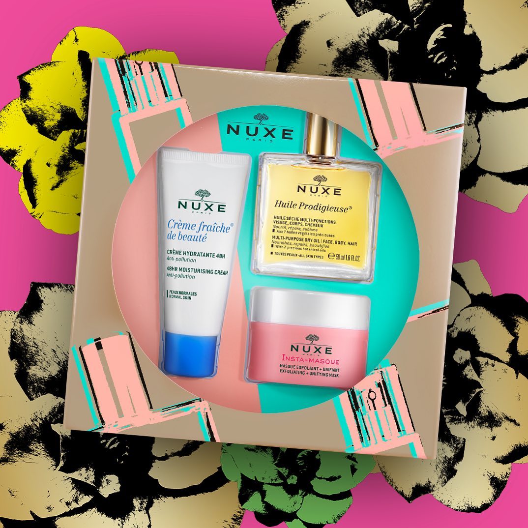 El Coffret Esenciales Nuxe contiene el trío perfecto de productos de culto NUXE para el cuidado de la piel Insta-Masque Exfoliante + Unificante Crème Fraîche Crema hidratante 48h Huile Prodigieuse