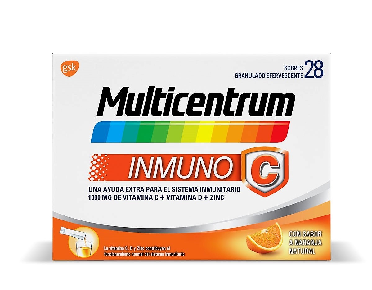 Multicentrum Inmuno-C Complemento alimenticio para adultos con 1000mg de Vitamina C, vitaminas y minerales. Granulado efervescente con sabor a naranja