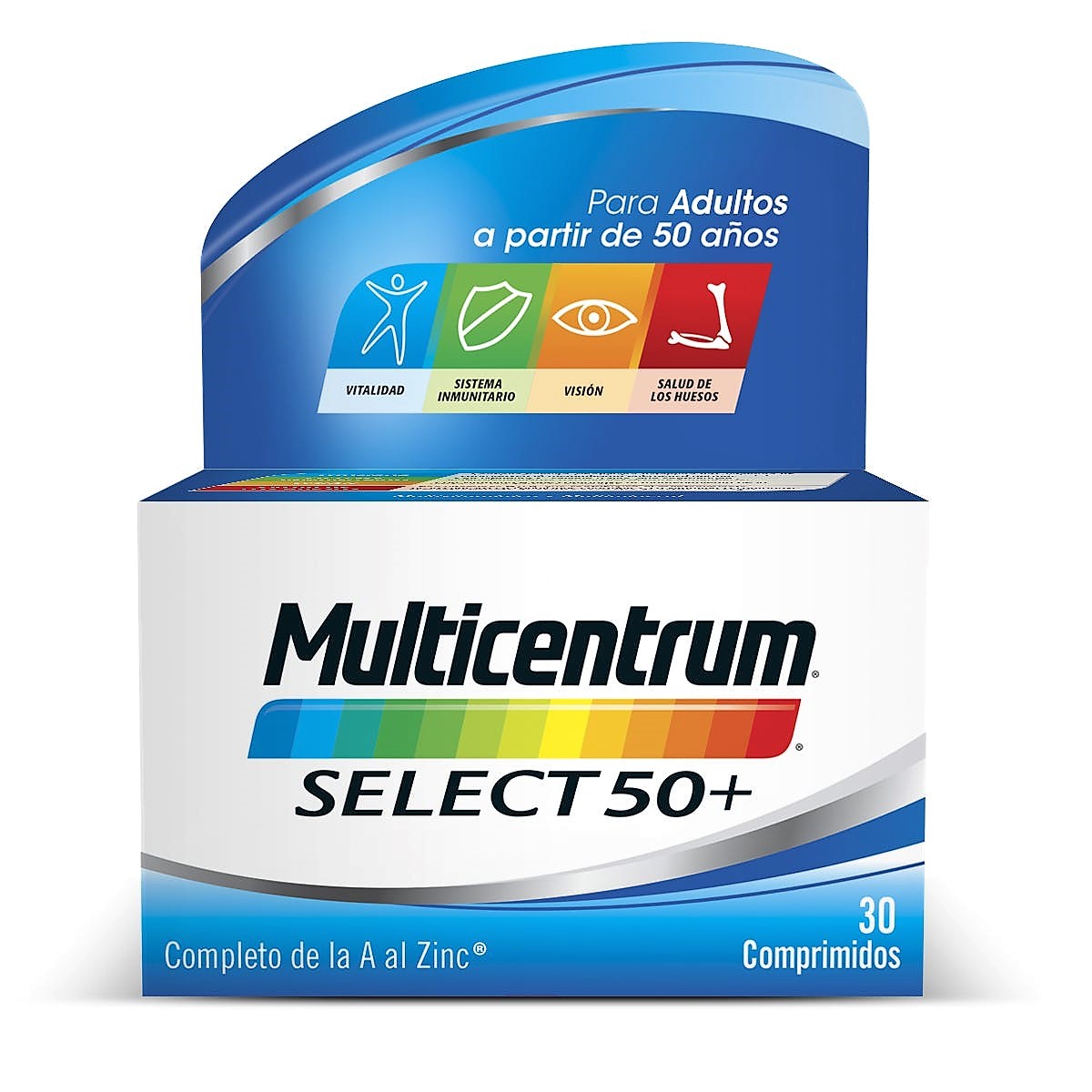 Multicentrum Select 50+ con 13 vitaminas y 11 minerales, está especialmente adaptada a las necesidades nutricionales de las personas mayores de 50 años.