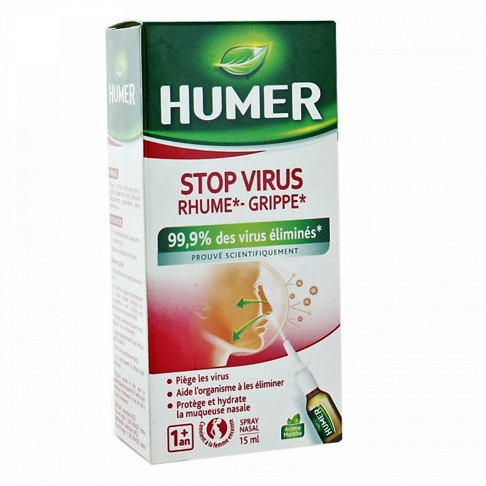 Humer gripe y resfriado. Spray nasal. Elimina el 99,9 % de los virus. Ayuda al organismo a eliminar virus. Protege e hidrata la mucosa nasal A partir de 1 año. Apto para mujeres embarazadas