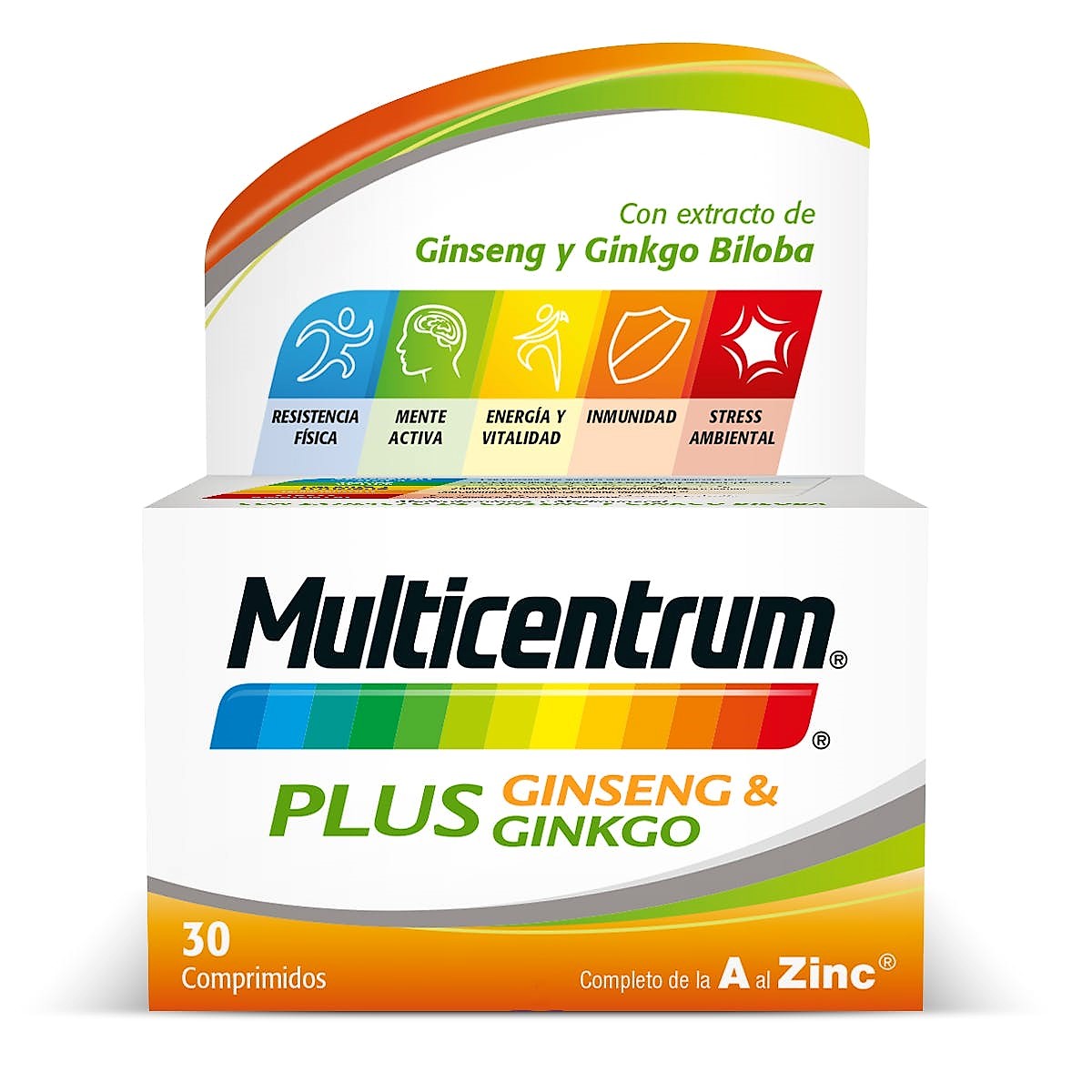 Multicentrum con extractos de Ginseng que ayuda al RENDIMIENTO FÍSICO y extracto de Ginkgo Biloba que ayuda al RENDIMIENTO MENTAL