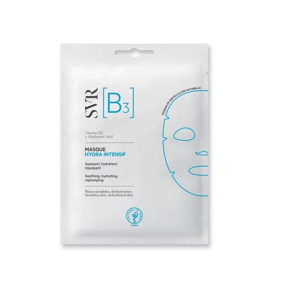 SVR [B3] Masque Hydra Intensif Mascarilla calmante Rehidratante, efecto relleno 12 ml - Mascarilla dermatológica de biocelulosa natural para una piel instantáneamente rehidratada y rellenada. Piel sensible, deshidratada, falta de confort, líneas de deshidratación. ¡Refrescante y reconfortante! Esta mascarilla de biocelulosa natural, concentrada en vitamina B3 y ácido hialurónico, rehidrata y rellena la piel para un efecto calmante instantáneo. Los ingredientes activos solo tardan 15 minutos en expandirse. La mascarilla reduce las líneas de deshidratación y mejora la calidad de la piel. Una sola aplicación basta para tener una piel más flexible, confortable e hidratada. Disfruta de un maravilloso momento de relajación: • +65 % piel suave • +44 % piel calmada • 90 % piel rellena en 15 minutos