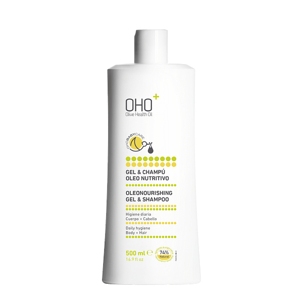 OHO BABY CARE Gel & Champú. Solución suave diseñada con Aceite de Oliva OHO, glicerina, caléndula, alantoína y D-pantenol para la higiene diaria de la piel y el cabello de bebés y niños.