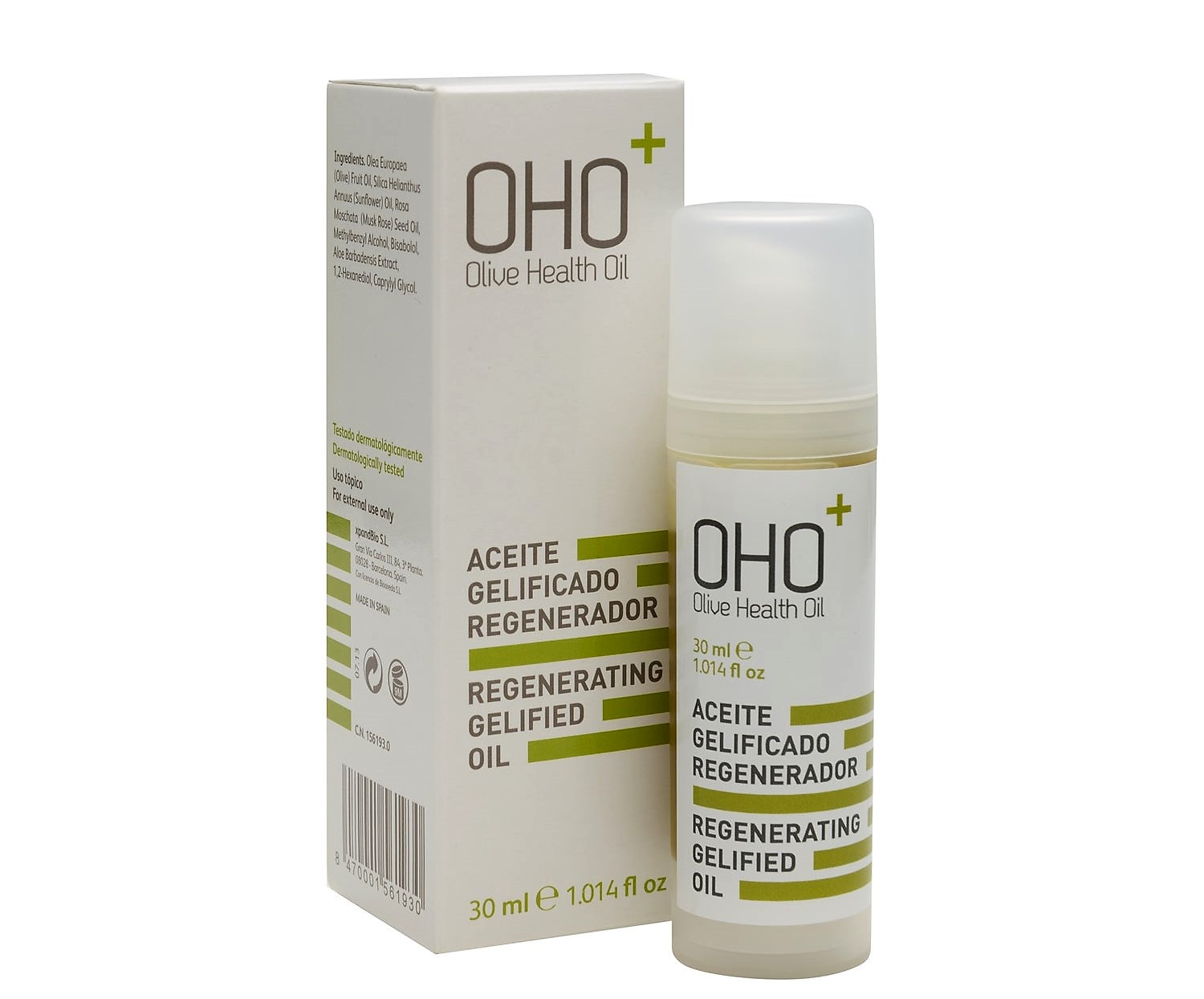 OHO Aceite Regenerador Intensivo. Gel oleoso con alto contenido en Aceite de Oliva OHO (87 %), aloe vera y rosa mosqueta para calmar y regenerar la piel en cicatrices, grietas, rojeces, rozaduras, eccemas, tatuajes y otras agresiones externas de la piel.